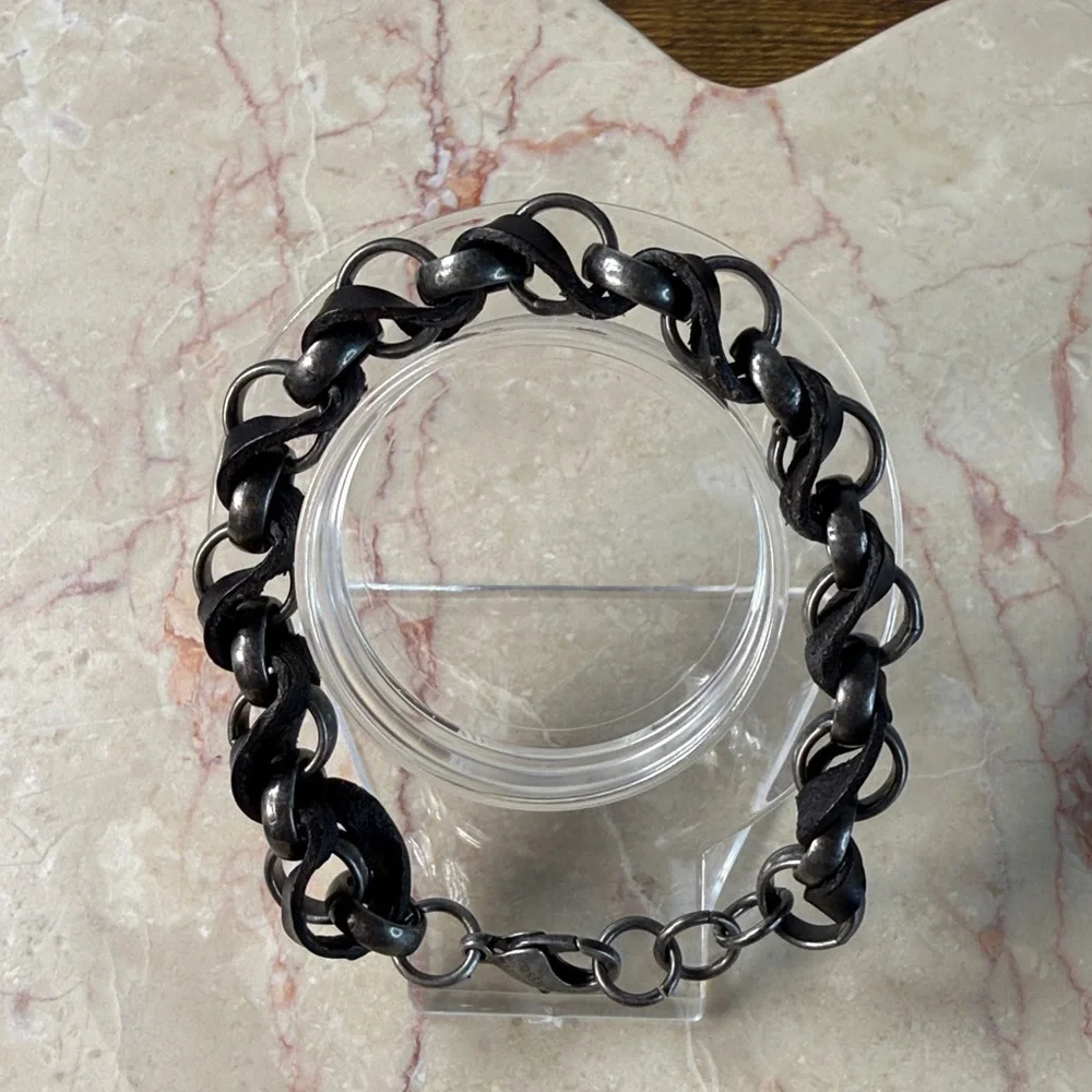 Fossil Leather & Silver Chain Unisex Bracelet